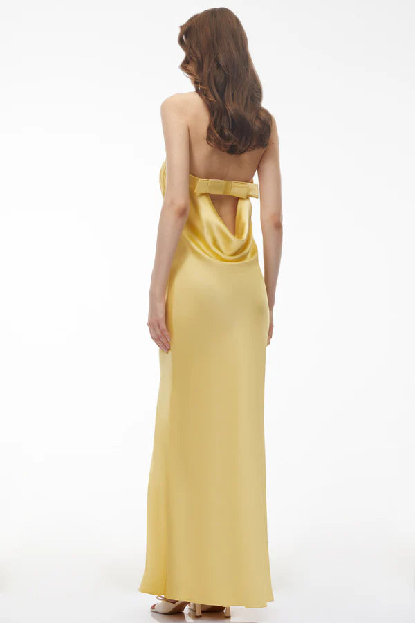 Strapless Satin Mermaid Floor Length Evening Dress with Cowl Neck, Keyhole Cutout and Bow Detail