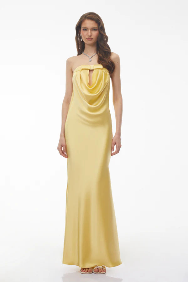 Strapless Satin Mermaid Floor Length Evening Dress with Cowl Neck, Keyhole Cutout and Bow Detail