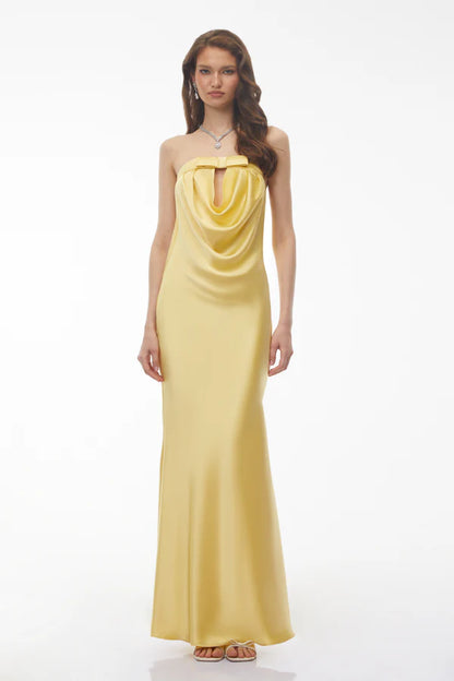 Strapless Satin Mermaid Floor Length Evening Dress with Cowl Neck, Keyhole Cutout and Bow Detail
