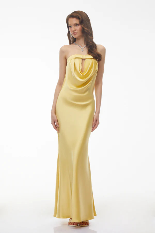 Strapless Satin Mermaid Floor Length Evening Dress with Cowl Neck, Keyhole Cutout and Bow Detail