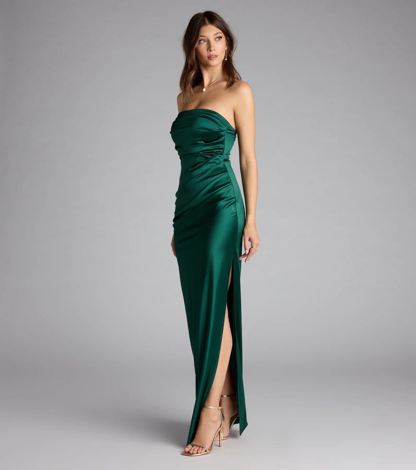 Elegant Satin Mermaid Strapless Ruched High Slit Floor Length Evening Dress