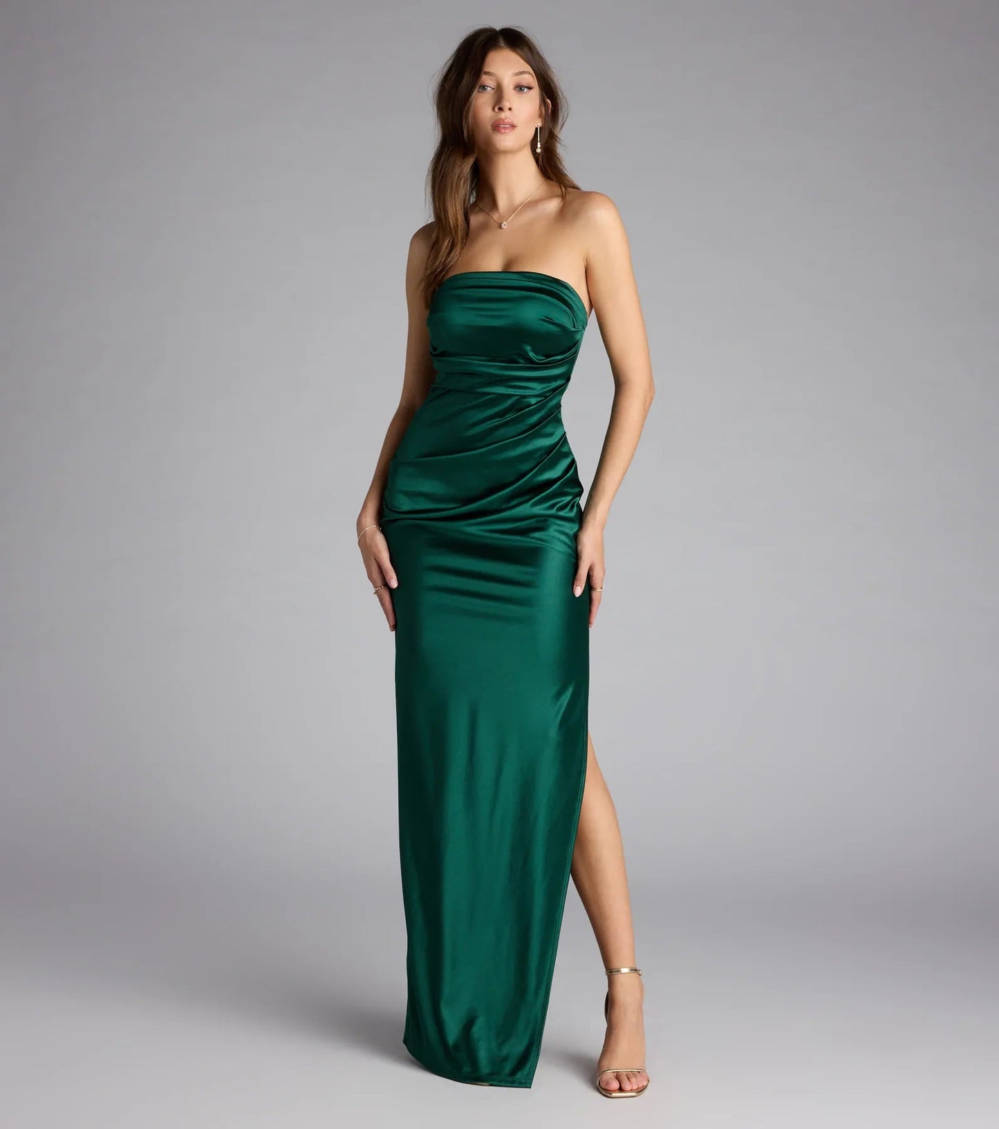 Elegant Satin Mermaid Strapless Ruched High Slit Floor Length Evening Dress