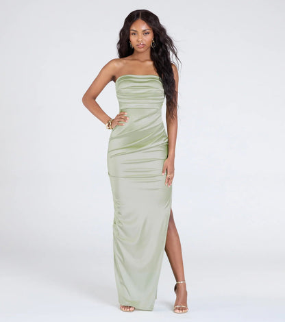 Elegant Satin Mermaid Strapless Ruched High Slit Floor Length Evening Dress