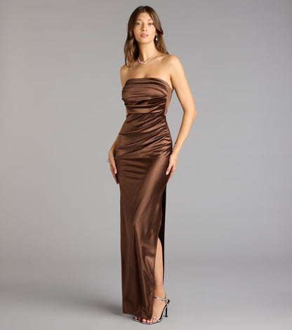 Elegant Satin Mermaid Strapless Ruched High Slit Floor Length Evening Dress