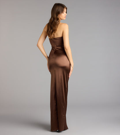 Elegant Satin Mermaid Strapless Ruched High Slit Floor Length Evening Dress