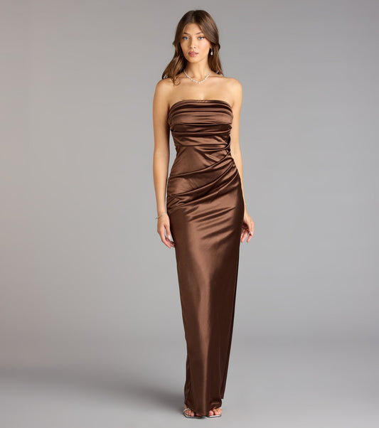 Strapless Satin Ruched High Slit Mermaid Floor Length Evening Dresses