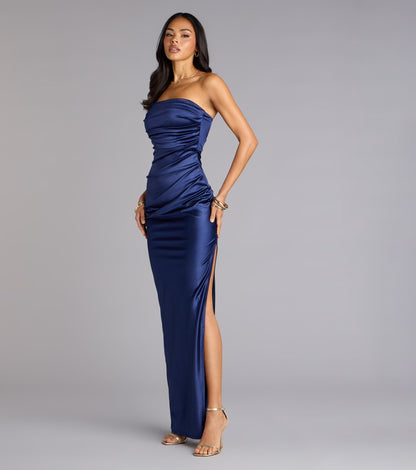 Elegant Satin Mermaid Strapless Ruched High Slit Floor Length Evening Dress