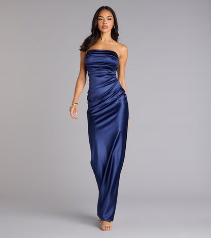 Elegant Satin Mermaid Strapless Ruched High Slit Floor Length Evening Dress