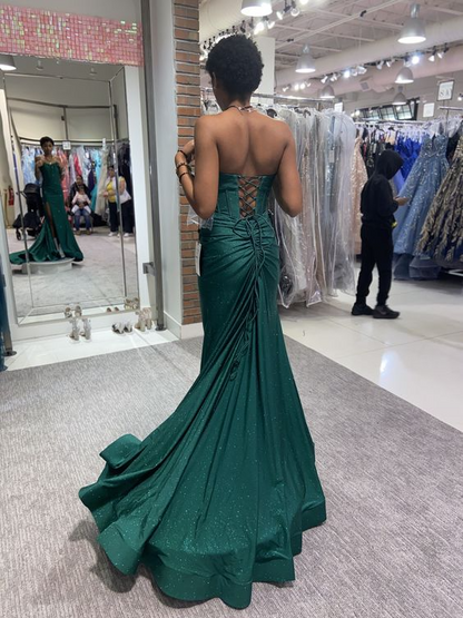 Glamorous Glitter Mermaid Strapless Sweetheart Corset-Back High-Slit Floor-Length Prom Dress