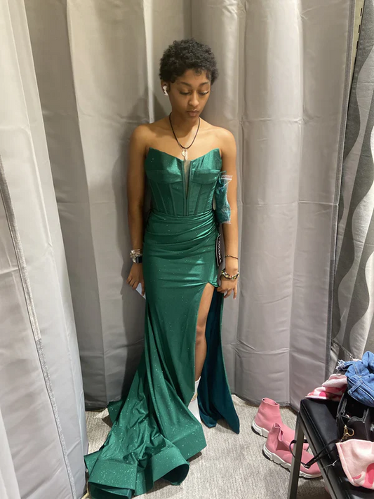 Strapless Sweetheart Corset-Back Floor-Length Glitter Mermaid Prom Dresses