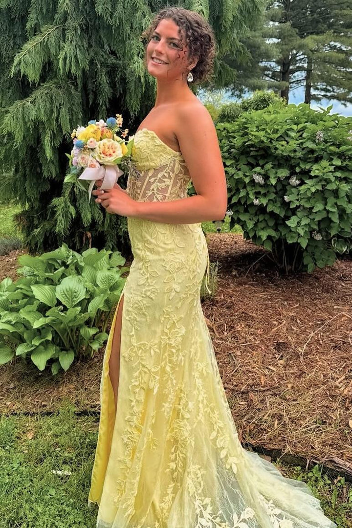 Elegant Tulle Lace Mermaid Sweetheart Strapless Floral Corset Floor-Length Prom Dress