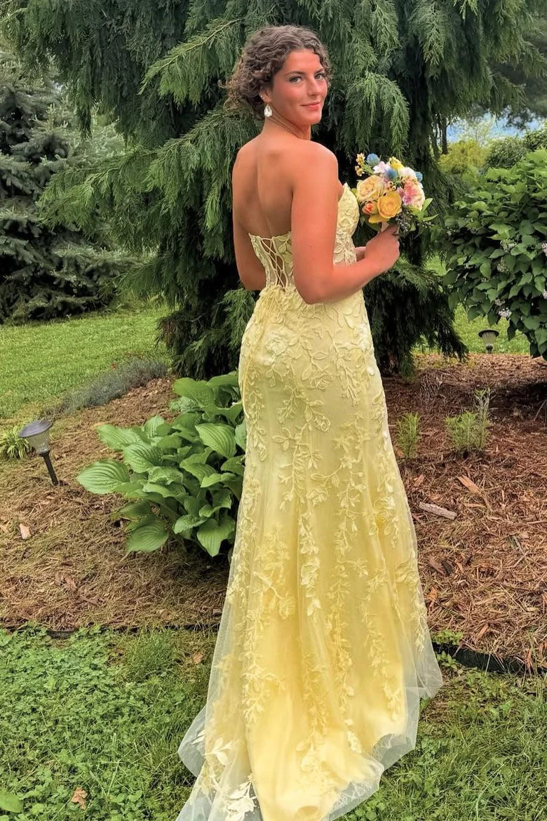 Elegant Tulle Lace Mermaid Sweetheart Strapless Floral Corset Floor-Length Prom Dress