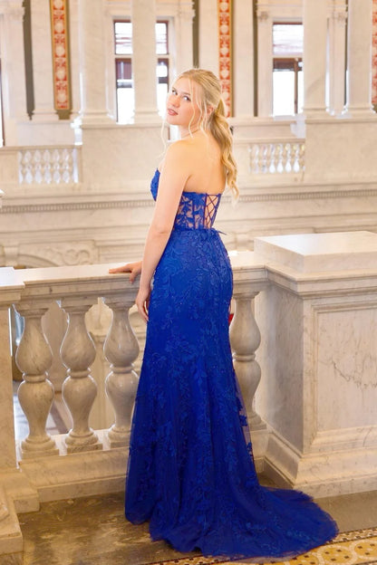 Elegant Tulle Lace Mermaid Sweetheart Strapless Floral Corset Floor-Length Prom Dress