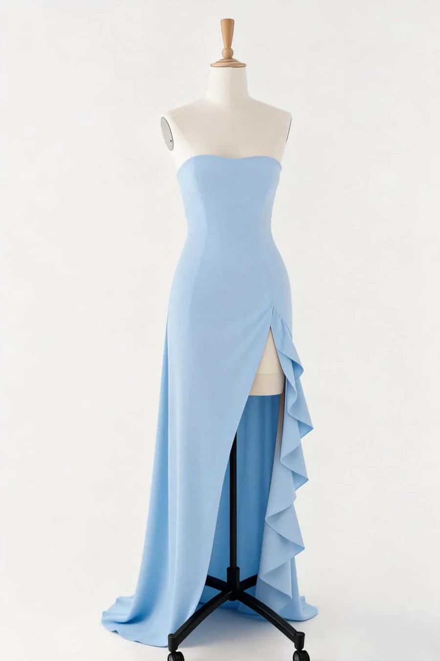 Strapless Sweetheart High Slit Cascading Ruffle Crepe Floor Length Evening Dress