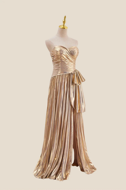 Strapless Sweetheart Metallic Ruched Bow Accent Slit Floor Length A-Line Prom Dress