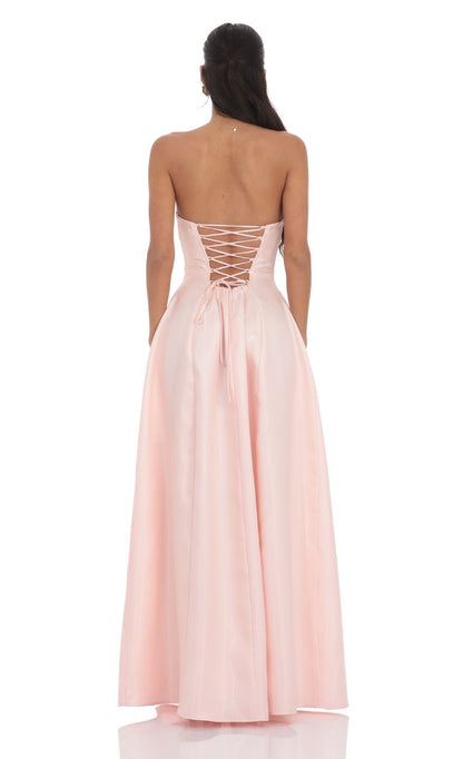 Strapless Sweetheart Neck Lace-up Back A-line Floor-length Evening Dresses with Shiny Taffeta Fabric