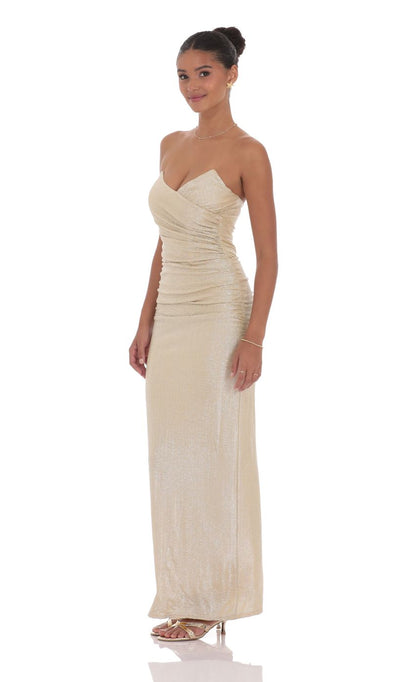 Strapless Sweetheart Neckline Evening Dress with Ruched Bodice & Metallic Sheath Silhouette