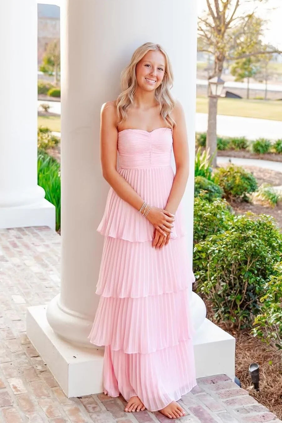 Elegant Chiffon A-Line Strapless Sweetheart Tiered Pleated Floor Length Prom Dress