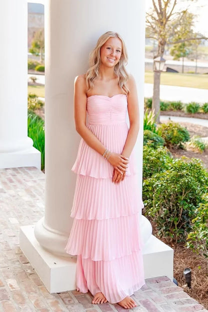 Elegant Chiffon A-Line Strapless Sweetheart Tiered Pleated Floor Length Prom Dress