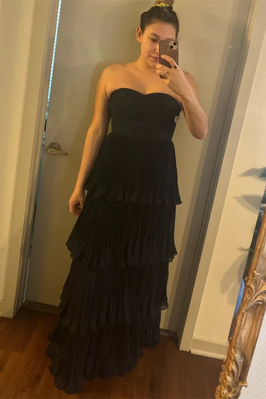 Strapless Sweetheart Tiered Pleated Chiffon Floor Length Formal Prom Dress