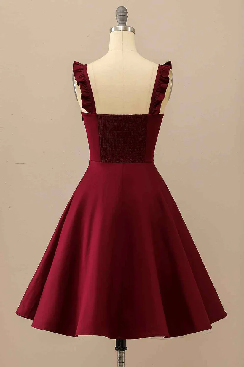 Stretch Crepe Mini Fit Flare Square Neck Ruffle Spaghetti Strap Smocked Back Side Zipper Homecoming Dresses