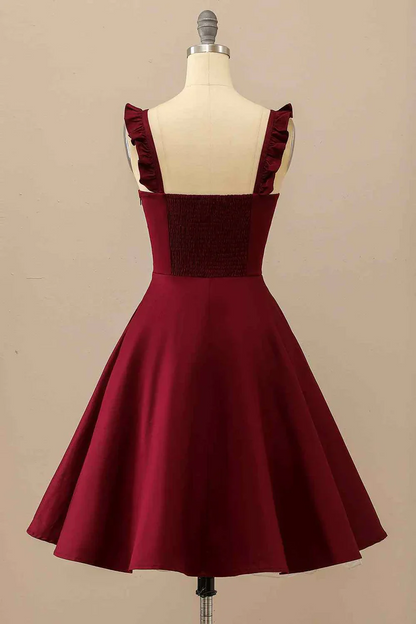 Stretch Crepe Mini Fit Flare Square Neck Ruffle Spaghetti Strap Smocked Back Side Zipper Homecoming Dresses