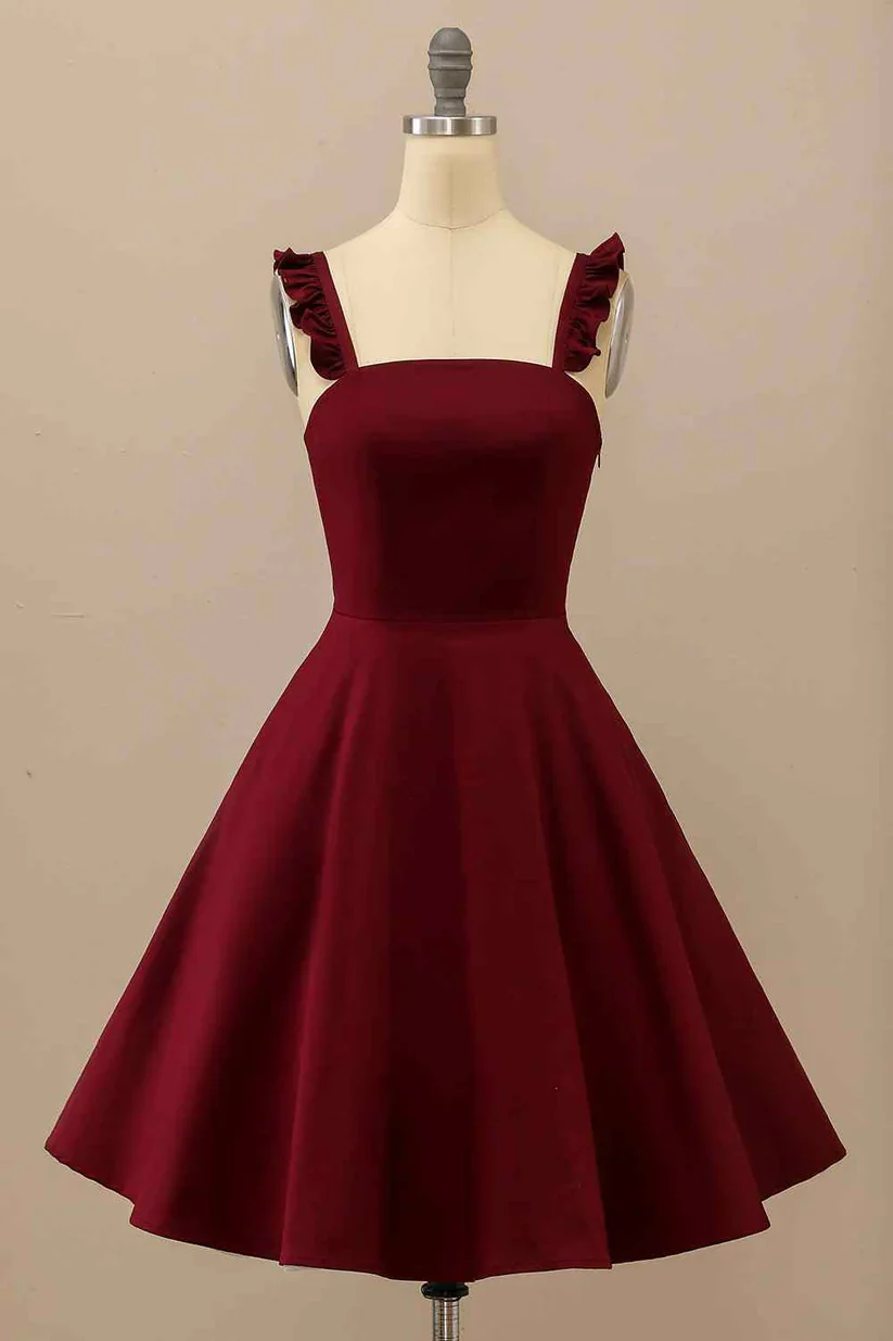Stretch Crepe Mini Fit Flare Square Neck Ruffle Spaghetti Strap Smocked Back Side Zipper Homecoming Dresses