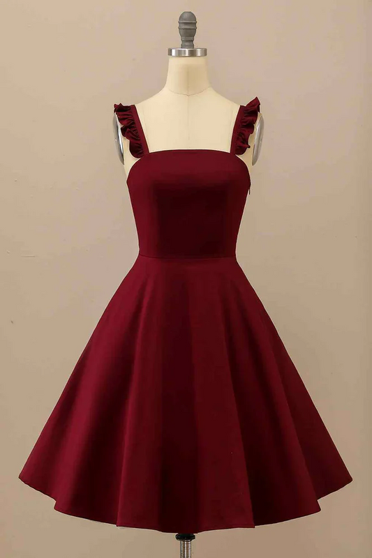 Stretch Crepe Mini Fit Flare Square Neck Ruffle Spaghetti Strap Smocked Back Side Zipper Homecoming Dresses