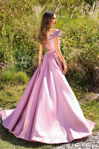 Striking Evening Dress with Off-the-Shoulder Neckline, Floral Embroidery and Overskirt