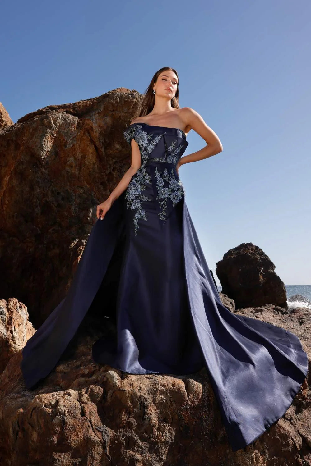 Striking Evening Dress with Off-the-Shoulder Neckline, Floral Embroidery and Overskirt