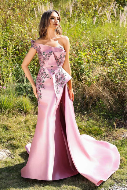 Striking Evening Dress with Off-the-Shoulder Neckline, Floral Embroidery and Overskirt