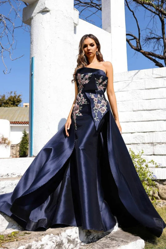 Striking Evening Dress with Off-the-Shoulder Neckline, Floral Embroidery and Overskirt