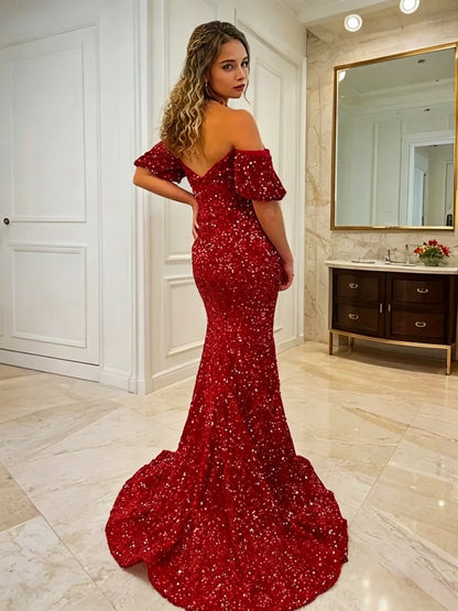 Shimmering Sequin Mermaid Off-Shoulder Sweetheart Slit Floor-Length Evening Dress
