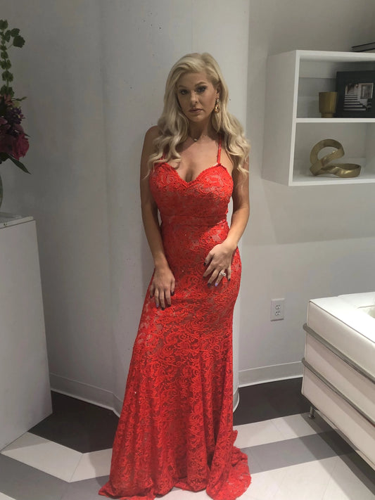 Striking Lace Mermaid Sweetheart Spaghetti Strap Sleeveless Criss-Cross Open Back Floor-Length Evening Dresses