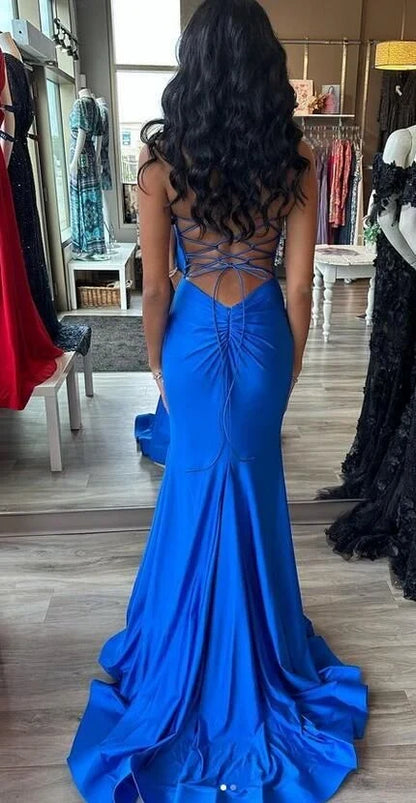 Striking Satin Mermaid V-Neck Spaghetti Strap Lace-Up Back Floor-Length Evening Dresses