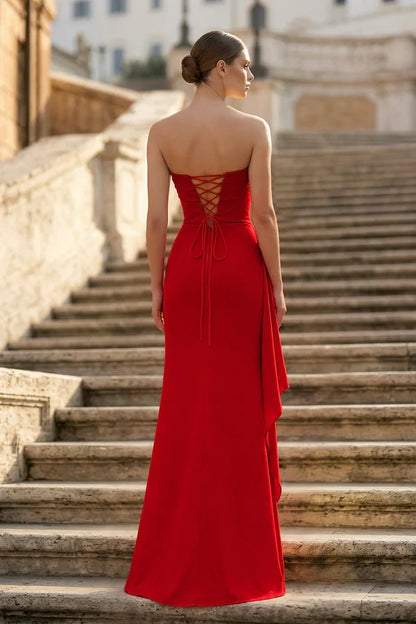Striking Satin Sheath Strapless Sleeveless Lace-Up Back Floor-Length Evening Dresses