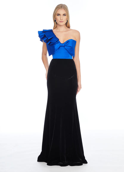 Striking Satin and Velvet Sheath One-Shoulder Sweetheart Ruffled Plain Back Floor-Length Evening Dresses