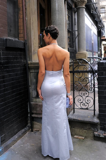 Structured Cotton Mermaid Halter-Neck Open-Back Floor-Length Evening Gown