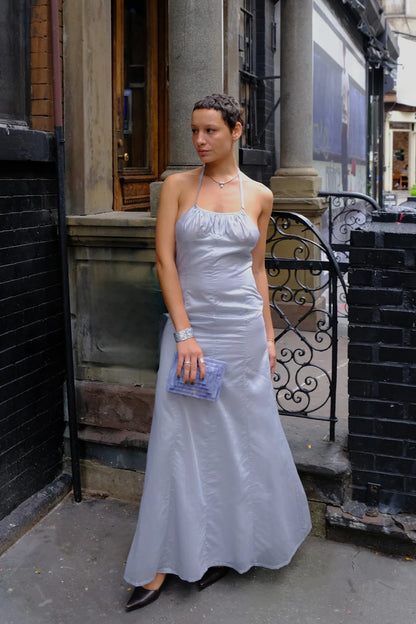 Structured Cotton Mermaid Halter-Neck Open-Back Floor-Length Evening Gown