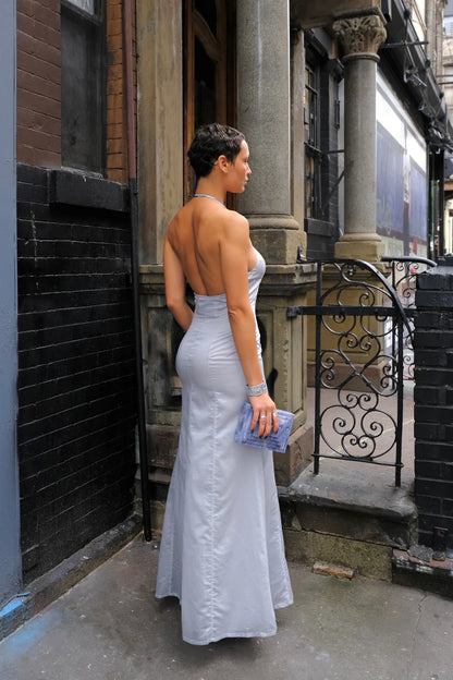 Structured Cotton Mermaid Halter-Neck Open-Back Floor-Length Evening Gown