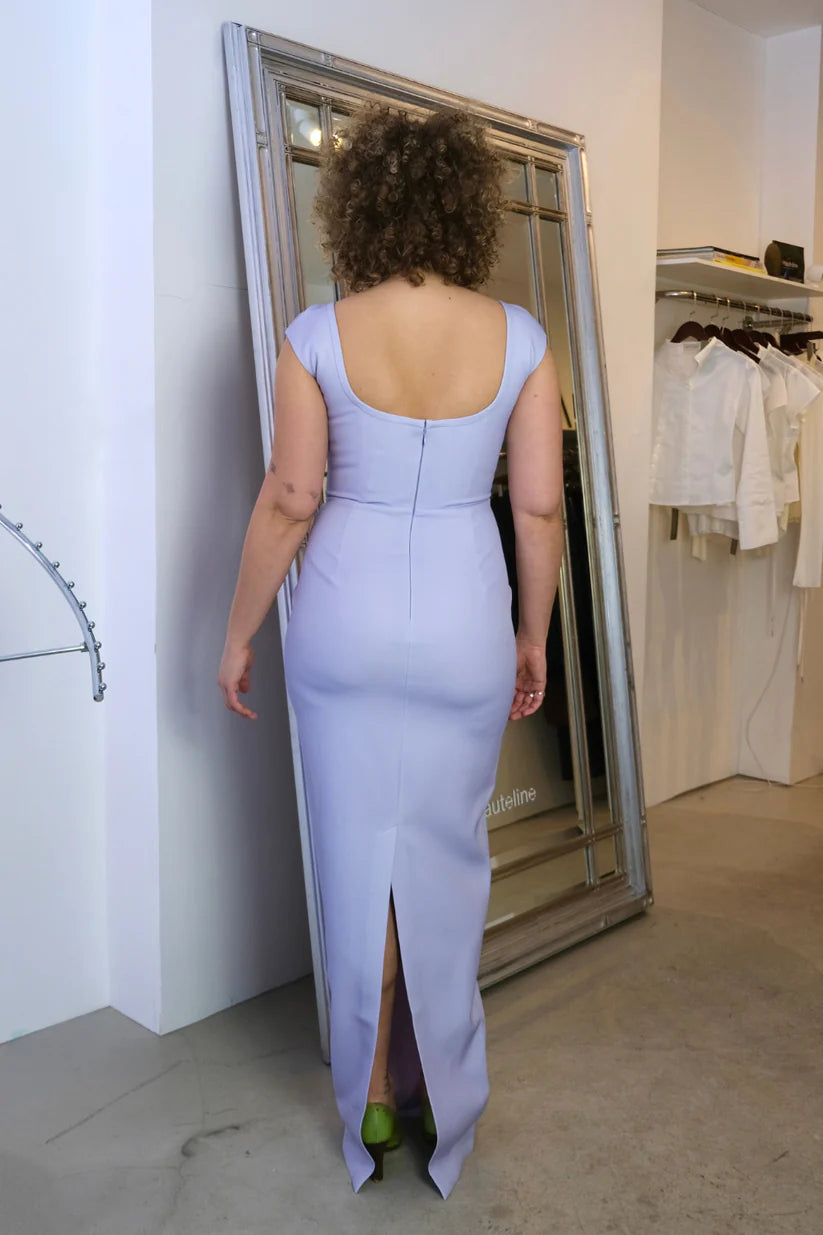 Structured Crepe Mermaid Square-Neck Cap-Sleeve Floor-Length Evening Gown