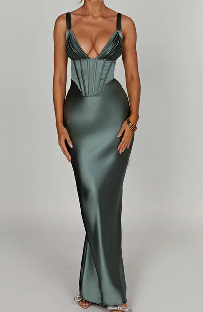 Elegant Satin Sheath V-Neck Structured Corset Lace-Up Sage Green Floor-Length Prom Dress
