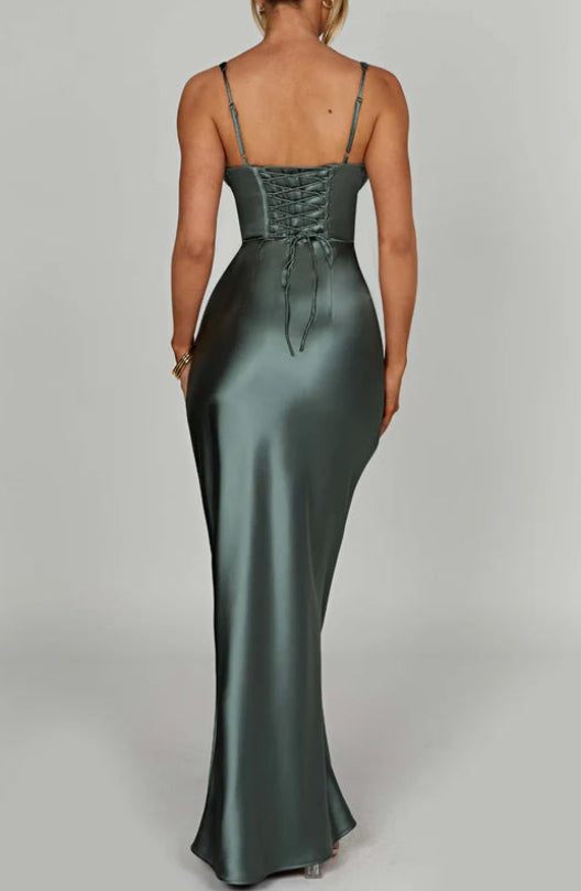 Elegant Satin Sheath V-Neck Structured Corset Lace-Up Sage Green Floor-Length Prom Dress