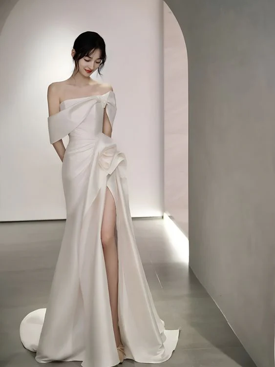 Structured satin mermaid off-the-shoulder draped cap open-back floor-length prom dresses