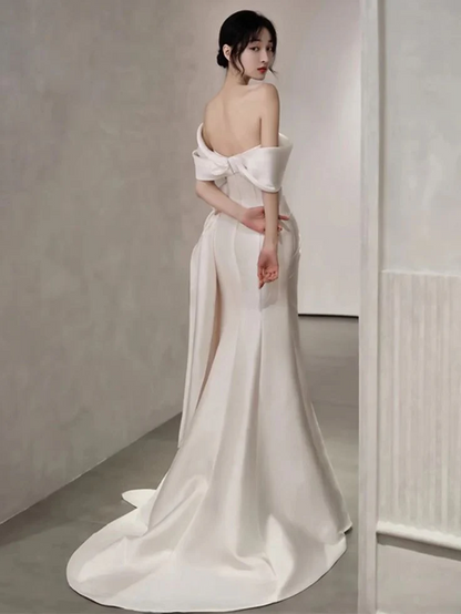 Structured satin mermaid off-the-shoulder draped cap open-back floor-length prom dresses