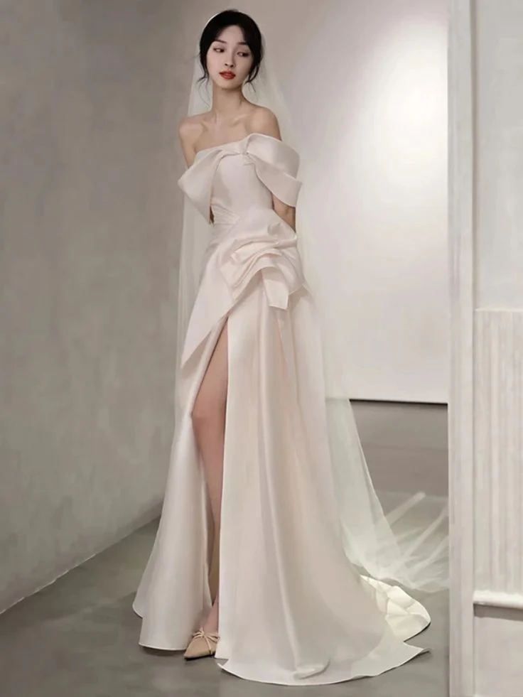 Structured satin mermaid off-the-shoulder draped cap open-back floor-length prom dresses