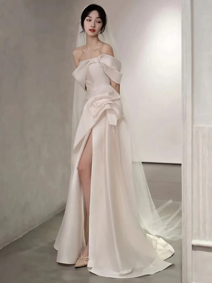 Structured satin mermaid off-the-shoulder draped cap open-back floor-length prom dresses