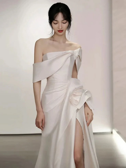 Structured satin mermaid off-the-shoulder draped cap open-back floor-length prom dresses