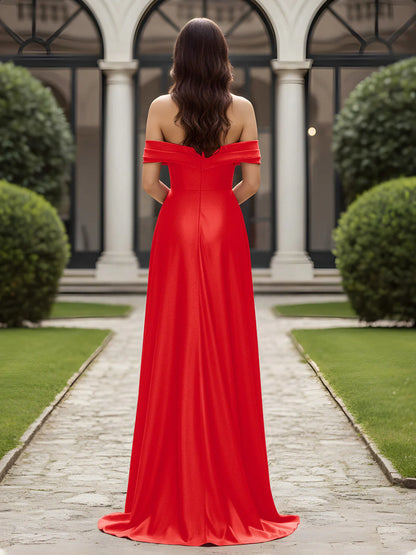 Elegant Satin A-Line Off-Shoulder Sweetheart High Slit Floor Length Evening Gown