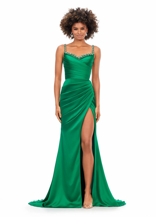 Stunning Beaded Strap Ruched Satin Mermaid Prom Dress With Lace Up Back and High Slit